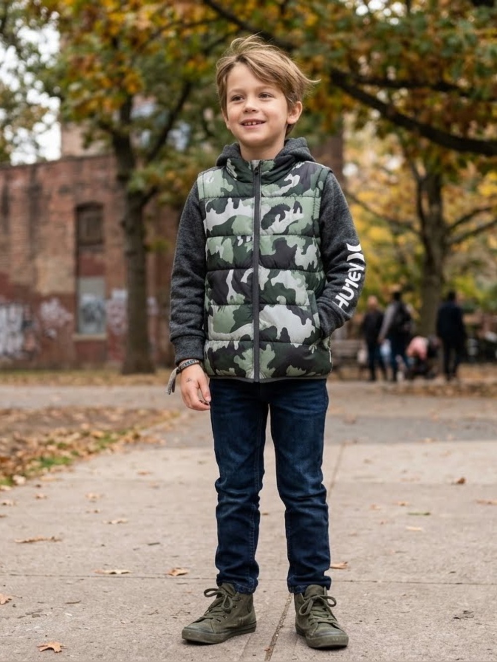 {Hurley} Boys' Green Camo Puffer Hoodie with Gray Knit Sleeves